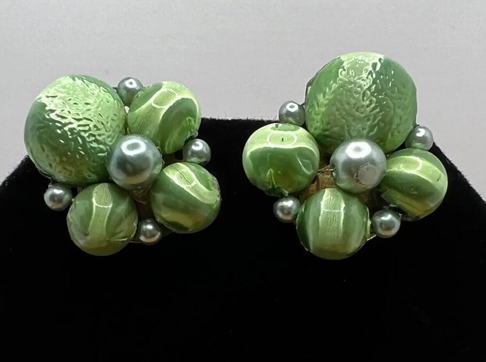 Vintage Faux Pearl Green Cluster Beaded Signed Japan Gold Tone Clip Earrings